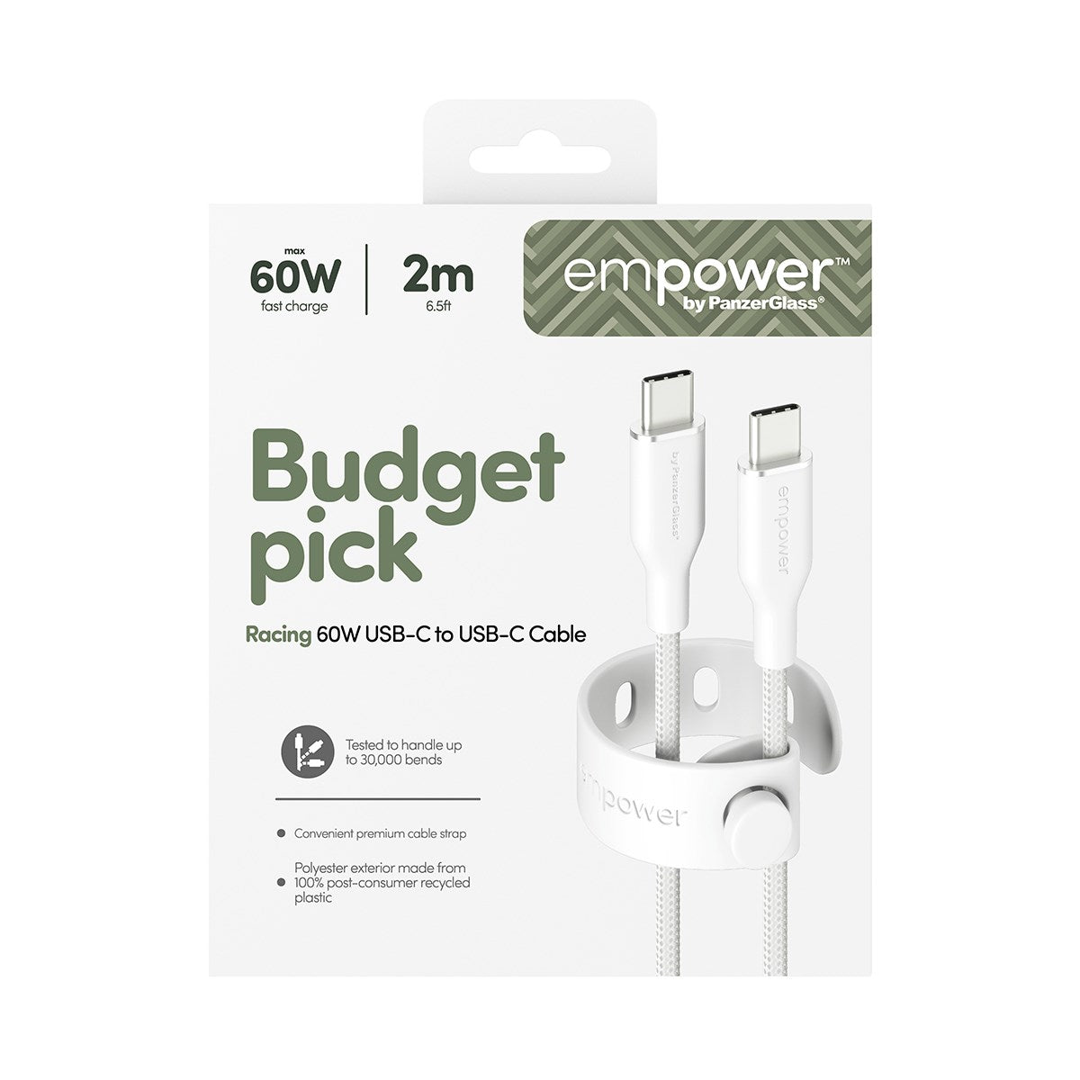 empower by PanzerGlass® Racing 60W USB-C to USB-C Kabel | USB 2.0 | 2M | Silver White